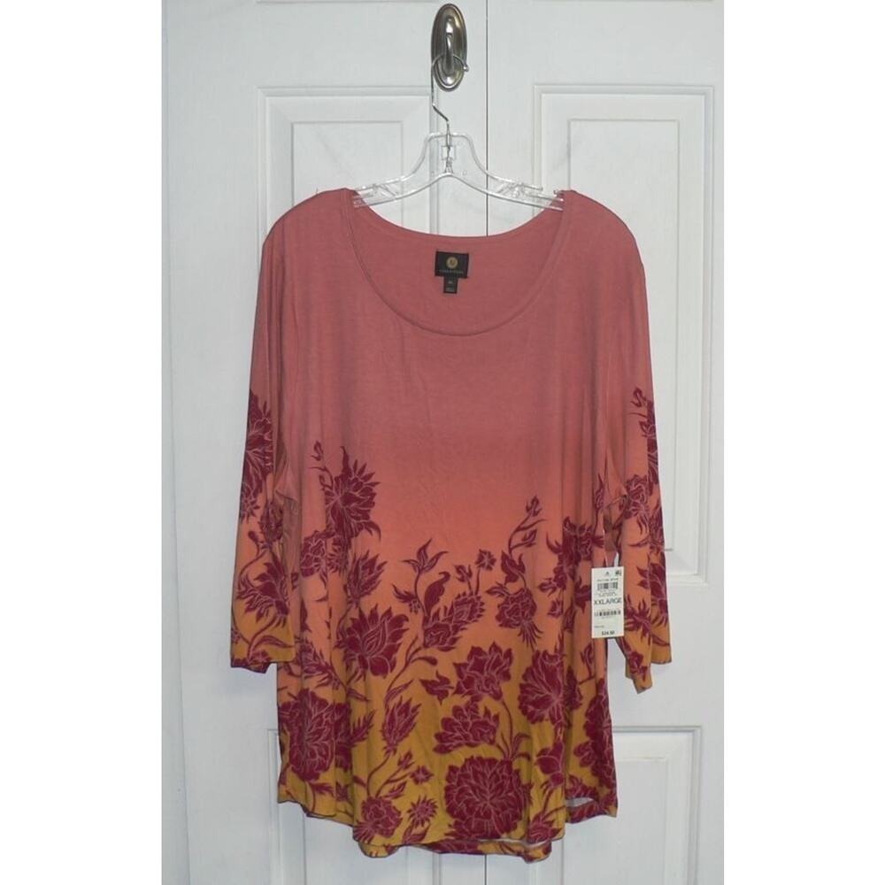 JM Collection Women's‎ Scoop Neck Printed 3/4 Sleeve Top in Burnt Brick 2XL $35